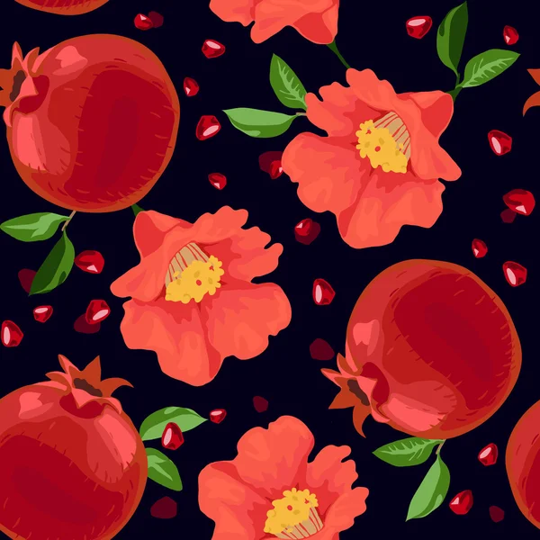 Pomegranate and Flowers Seamless Pattern — Stock Vector