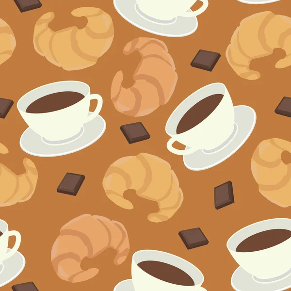 一杯のコーヒーとクロワッサンのシームレス パターン — ストックベクタ