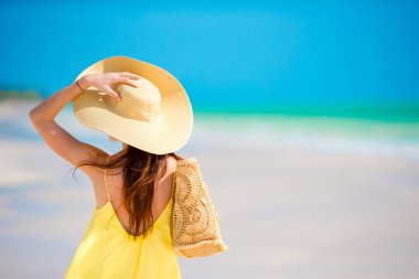 Tropikal plaj tatil sırasında büyük şapkalı kadın arkadan görünüm