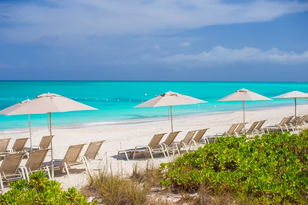 Tropical empty sandy beach with umbrella and chairs — Stock Photo, Image