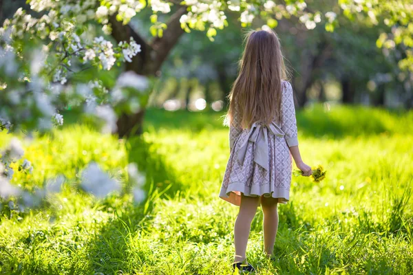 Adorable little girl in blooming spring apple garden outdoors — Stock Photo, Image