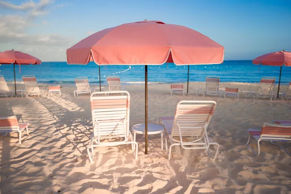 Tropical empty sandy beach with umbrella and chairs — Stock Photo, Image