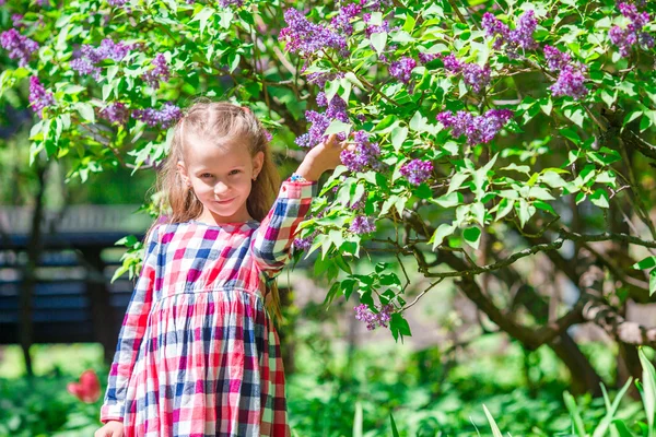 Liten bedårande flicka i blommande tulpaner trädgård. Utställning av olika sorter av tulpaner i parken utomhus — Stockfoto