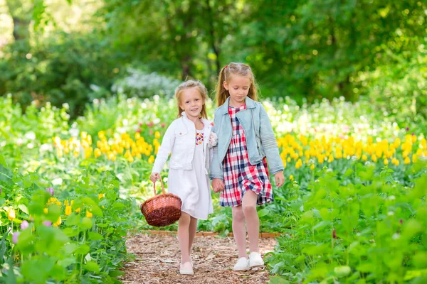Spring garden, spring flowers, adorable little girls and tulips. Cute kids with a basket in blooming garden on warm day — Stock Photo, Image