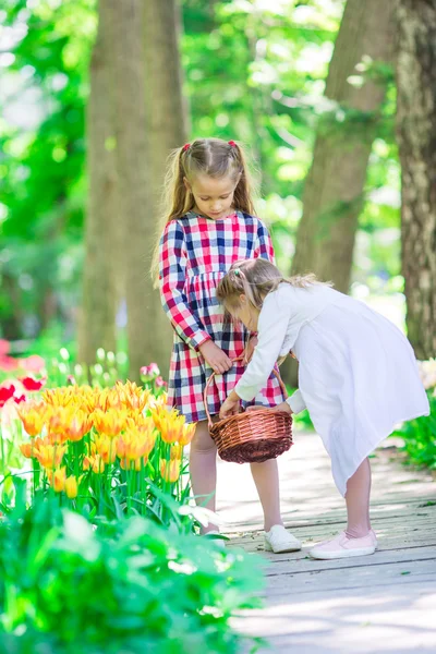 Little adorable girls walking in spring garden outdoors — Stock Photo, Image