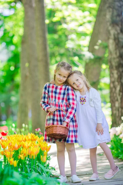 Jardim de primavera, flores de primavera, meninas adoráveis e tulipas. Crianças bonitos com uma cesta no jardim florescendo no dia quente — Fotografia de Stock