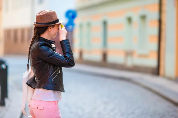 Europe tourist taking photo pictures on camera. Woman on travel in Czech Republic — Stock Photo, Image