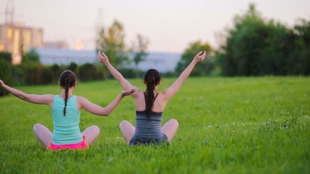 Młode, aktywne kobiety fitness ćwiczą na świeżym powietrzu. Dwie sportowe dziewczyny uprawiają sport w narracji w parku — Wideo stockowe