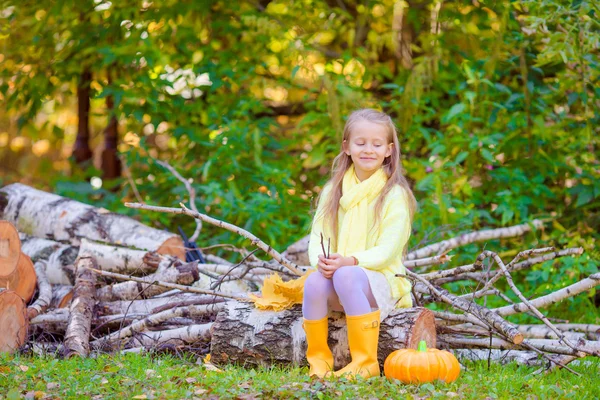 Adorable niña con una calabaza para Halloween al aire libre en el hermoso día de otoño —  Fotos de Stock