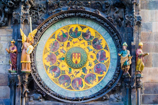 Relógio Astronômico Orloj close-up na República Checa, Europa. Estilo vintage. Praga relógio torre detalhe. Famosos moradores de atração de Praga — Fotografia de Stock