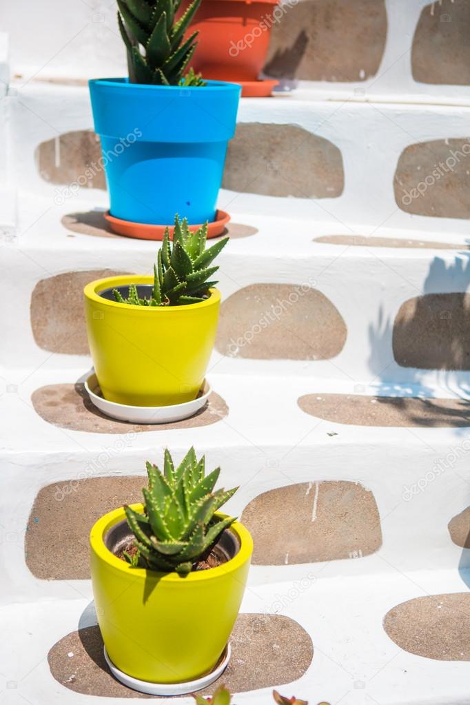 Traditional greek colorful flowerpots with flowers on steps on streets of old village in Greece