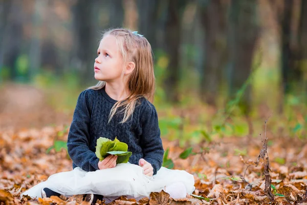 Adorabile bambina con foglia colorata in bella giornata autunnale — Foto Stock