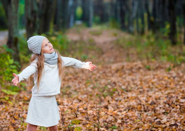 Adorable niña con hojas de otoño en el hermoso parque —  Fotos de Stock