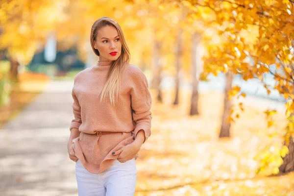 Belle femme dans le parc d'automne sous le feuillage d'automne — Photo