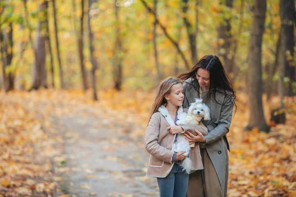 Klein meisje met mam buiten in park in de herfst dag — Stockfoto