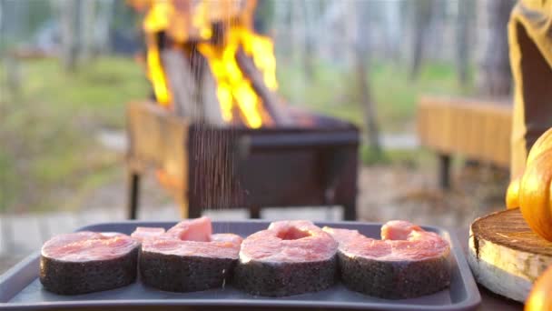 Grillezett hal steak. A lazacdarabokat nyílt tűzön sütik.. — Stock videók