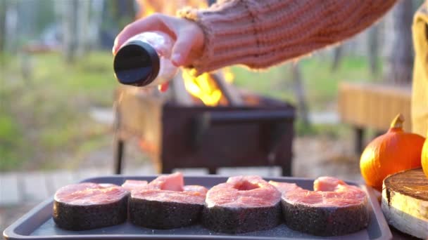 Bifes de peixe churrasco. Pedaços de salmão são fritos sobre uma fogueira. — Vídeo de Stock