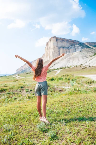 Achteraanzicht van meisje op vakantie op witte rots achtergrond — Stockfoto