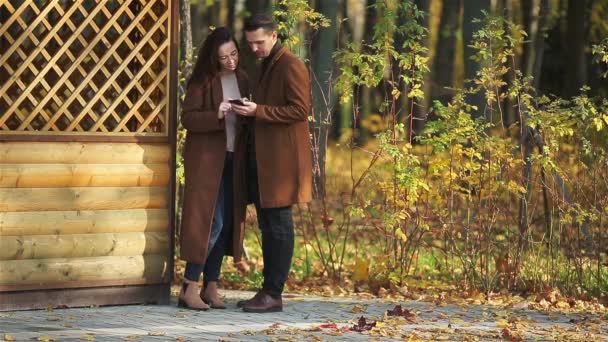 Gelukkige familie wandelen in het najaar park op zonnige herfstdag — Stockvideo