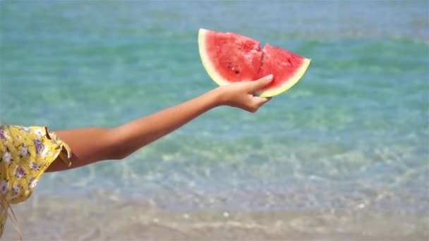 Potongan semangka di pantai. — Stok Video