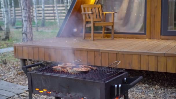 Grillezett hal steak. A lazacdarabokat nyílt tűzön sütik.. — Stock videók