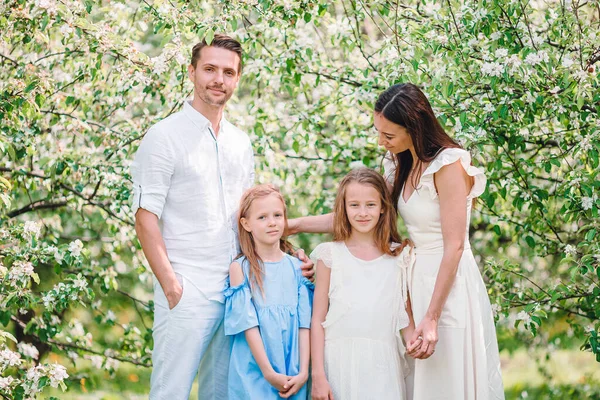 Adorável família no jardim florescendo cereja no belo dia de primavera — Fotografia de Stock