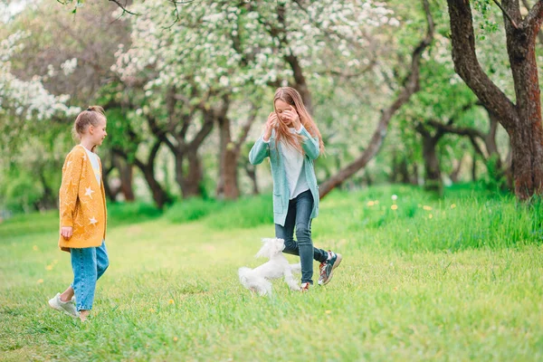 Små leende flickor leker och kramas valp i parken — Stockfoto