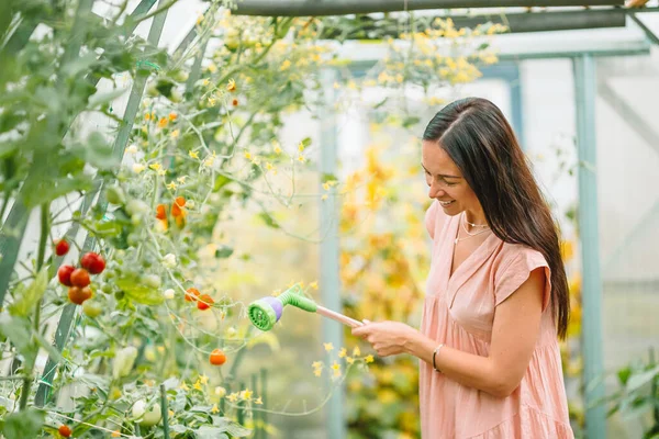 Linda jovem jardinagem na estufa — Fotografia de Stock