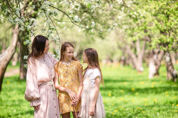 Adorables niñas con madre joven en el floreciente jardín de cerezos en el hermoso día de primavera —  Fotos de Stock
