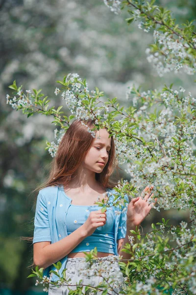 Liebenswertes kleines Mädchen im blühenden Apfelgarten an einem schönen Frühlingstag Stockbild
