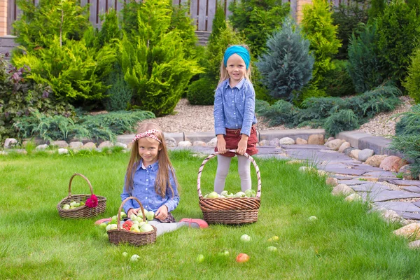 Duas meninas felizes com grande colheita de outono de tomates em cestas — Fotografia de Stock