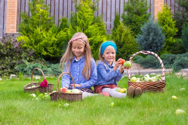 Two little happy girls with great autumn harvest of tomatoes — Stock Photo, Image