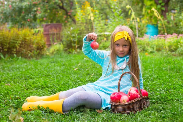 Fetiță cu coș de mere roșii în ziua însorită de toamnă — Fotografie, imagine de stoc