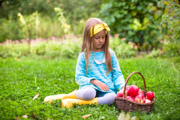 Kleines Mädchen mit einem Korb voller Äpfel an einem sonnigen Herbsttag — Stockfoto