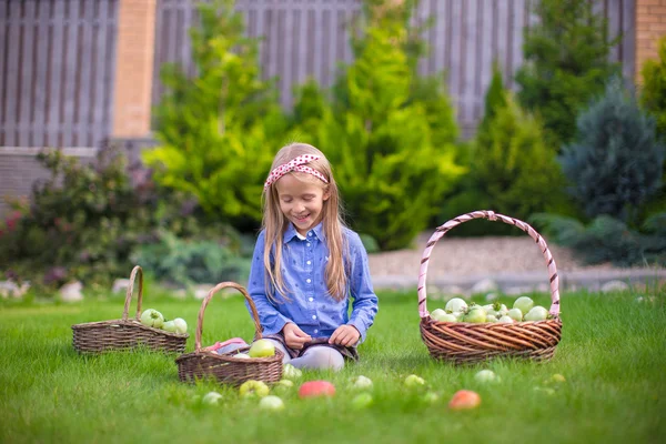 Adorable little girl with autumn harvest of tomato on the lawn — Stock Photo, Image