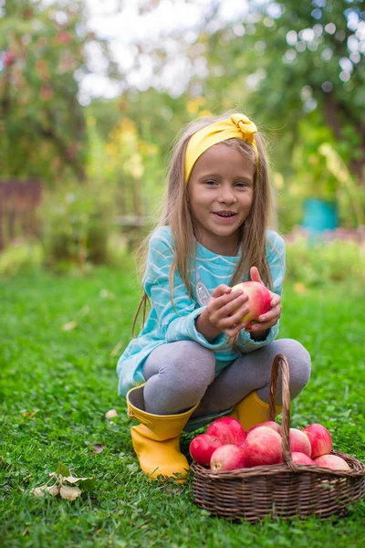 Kleines schönes Mädchen mit Korb voller roter Äpfel — Stockfoto