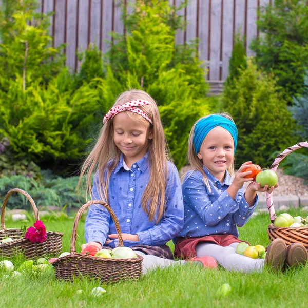 Two little happy girls with great autumn harvest of tomatoes in baskets — Stock Photo, Image