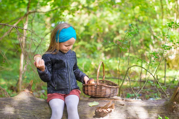 Little girl gathering mushrooms in an autumn forest — Stock Photo, Image