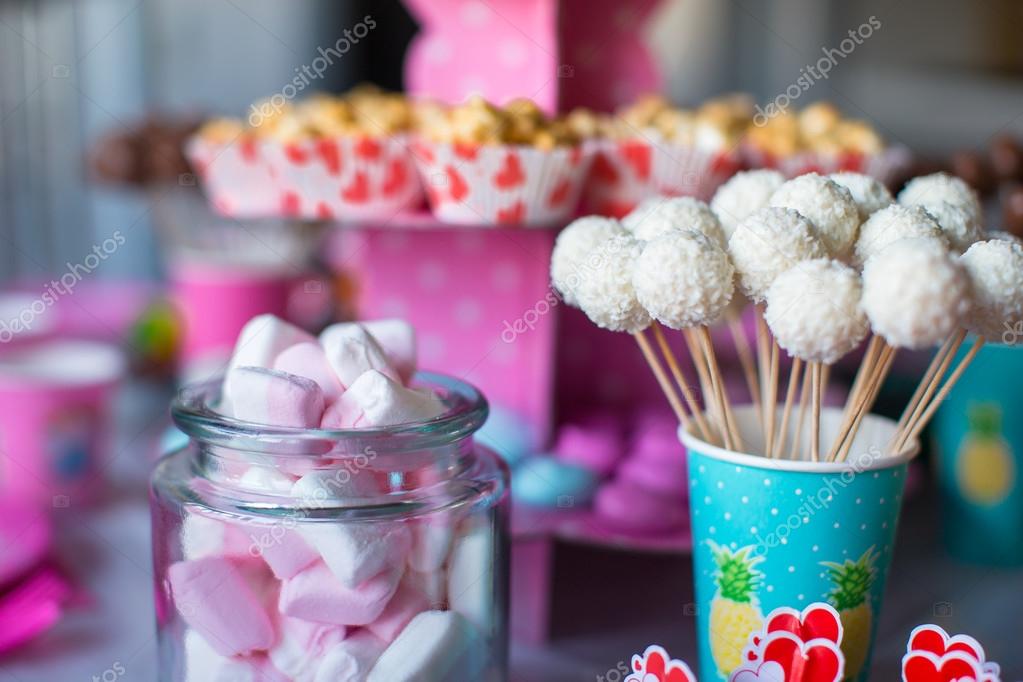 Marshmallow Sweet Colored Meringues Popcorn Custard Cakes And Cake Pops On Table Stock Photo By C D Travnikov 53957101