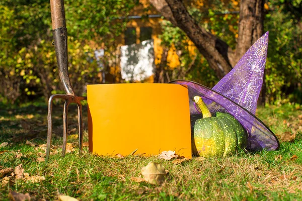 Vista de Halloween Abóboras, chapéu de bruxa e ancinho ao ar livre — Fotografia de Stock