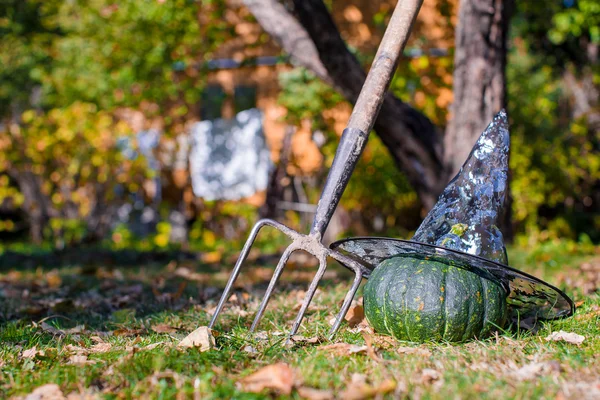 Vista de las calabazas de Halloween, sombrero de brujas y rastrillo al aire libre — Foto de Stock