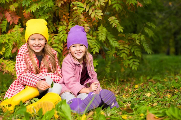 Duas meninas adoráveis na floresta no dia ensolarado quente do outono — Fotografia de Stock