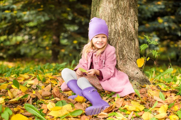 Kleines glückliches Mädchen im Herbstpark an einem sonnigen Herbsttag — Stockfoto