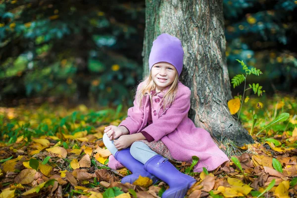 Little happy girl in autumn park on sunny fall day — Stock Photo, Image