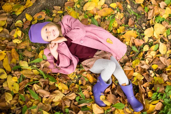 Little happy girl in autumn park on sunny fall day — Stock Photo, Image