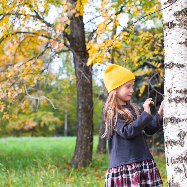 Liten glad tjej i höst park utomhus — Stockfoto