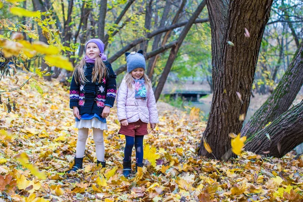 Två bedårande flickor utomhus i höst skog — Stockfoto