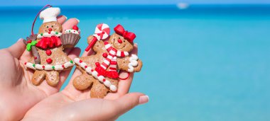 Noel gingerbread çerezleri ellerinde turkuvaz denizin karşı