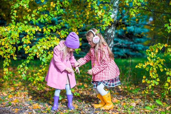 Zwei entzückende Mädchen im Wald an einem warmen, sonnigen Herbsttag — Stockfoto