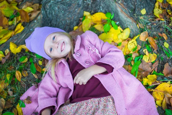 Petite adorable fille dans le parc d'automne le jour d'automne ensoleillé — Photo